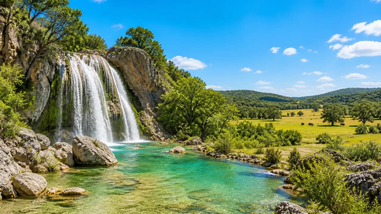 Chickasaw Country waterfall, turquoise spring creek, oak woodland and pasture