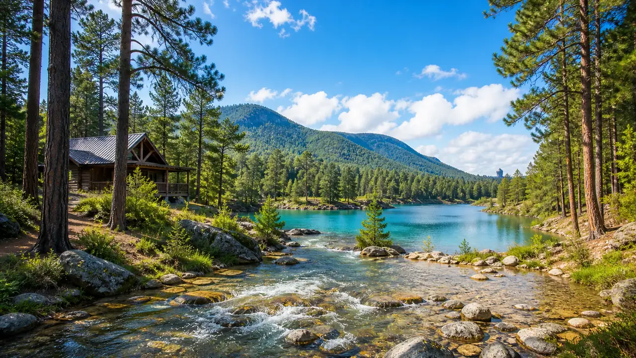 Choctaw Country pine forest, clear lake, mountain foothills and a cabin