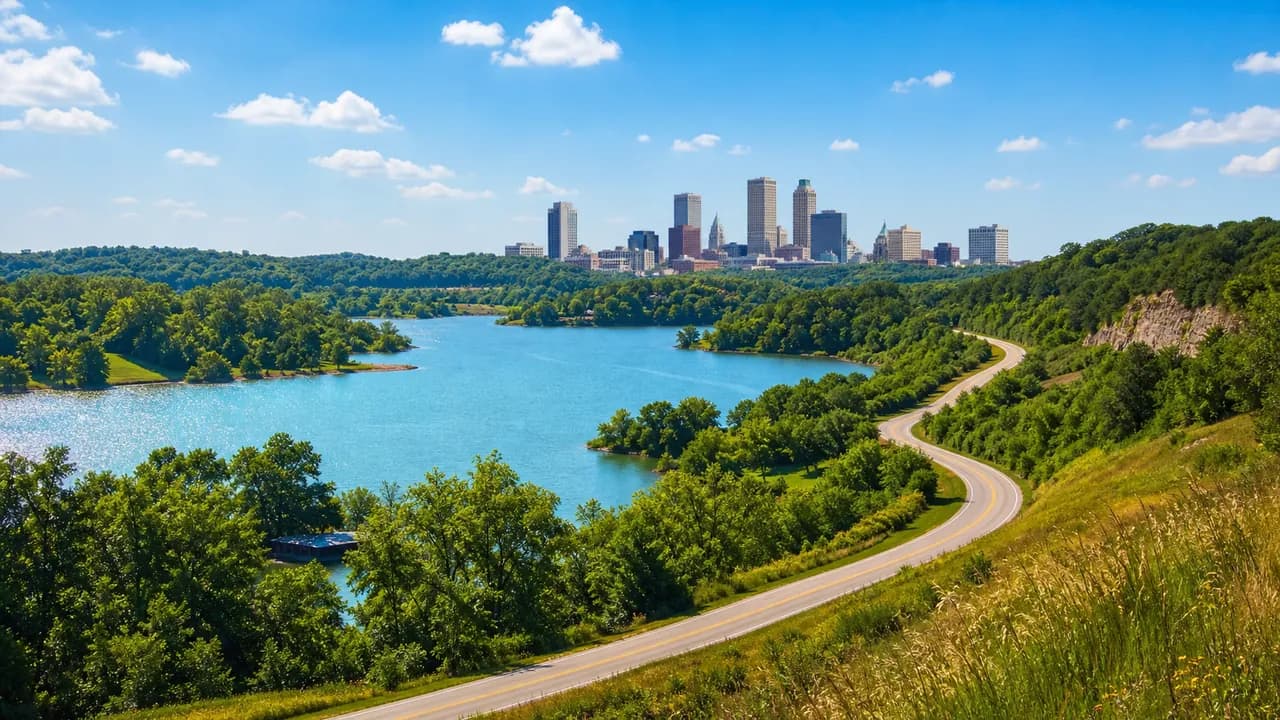 Green Country lake, forest, highway and Tulsa skyline under a blue sky