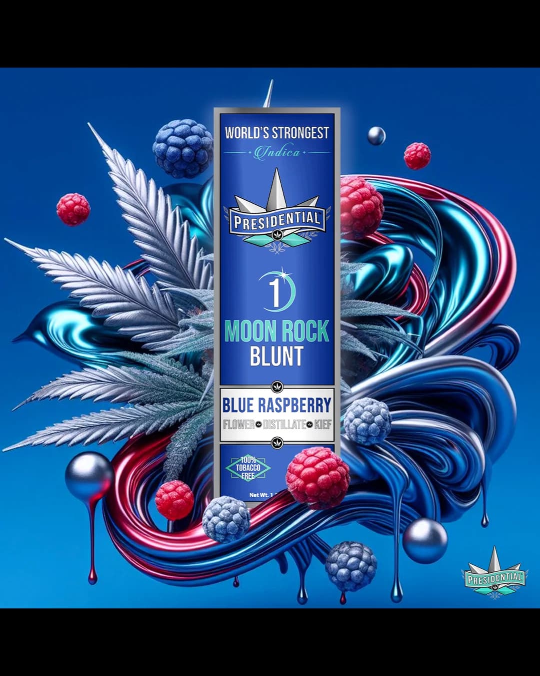 Presidential Blue Raspberry blunt package in electric blue