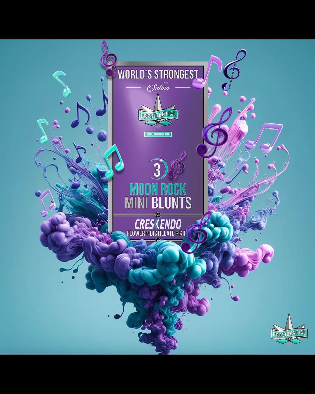 Presidential Crescendo mini blunt package with gold strain graphics