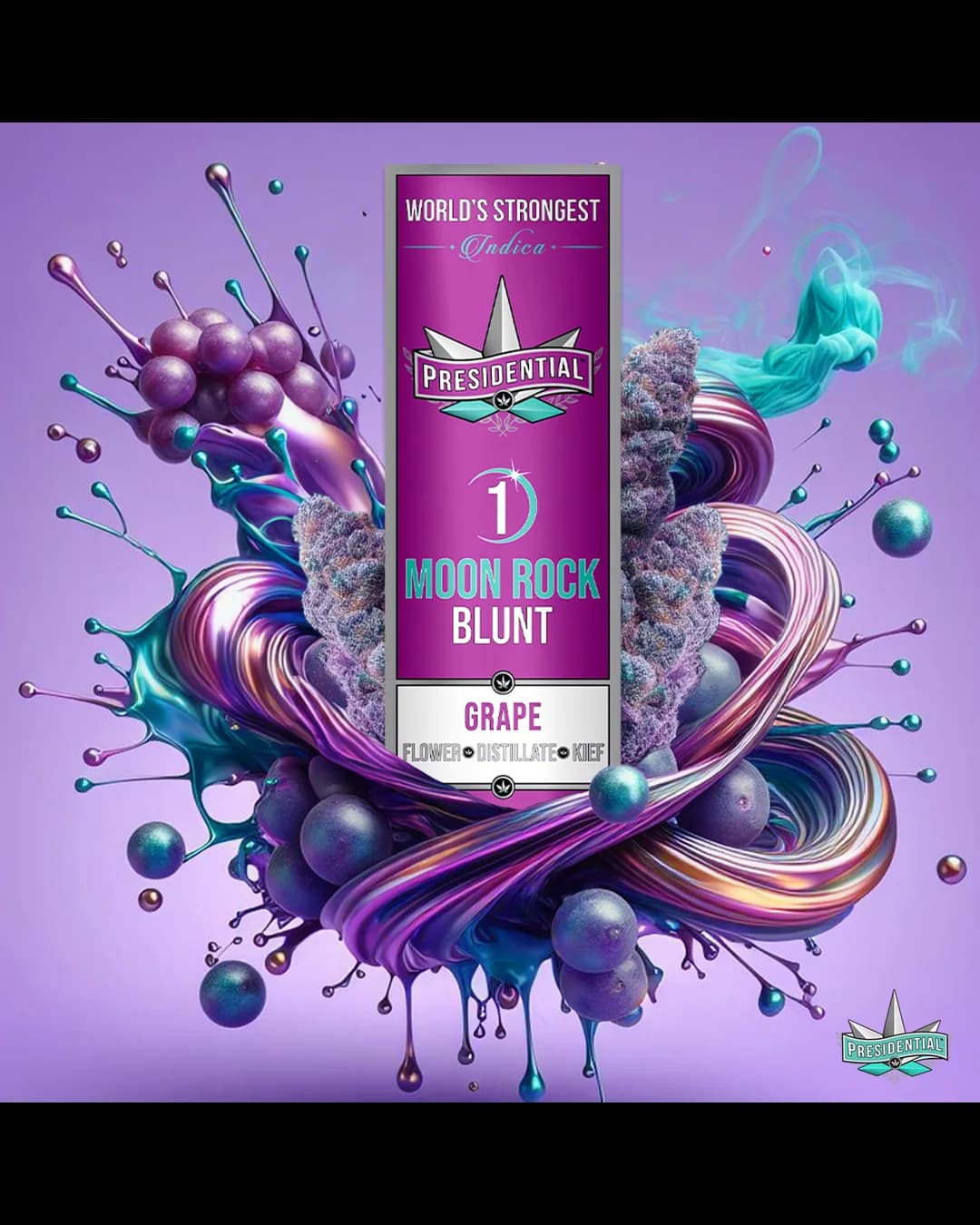 Presidential Grape Silver blunt package in saturated purple artwork