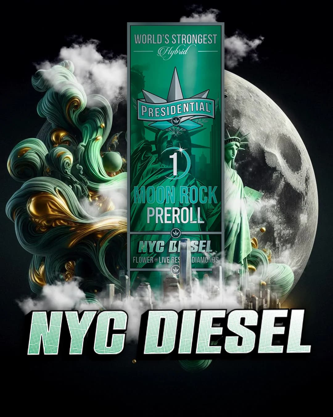 Presidential NYC Diesel Gold infused pre-roll package with city art