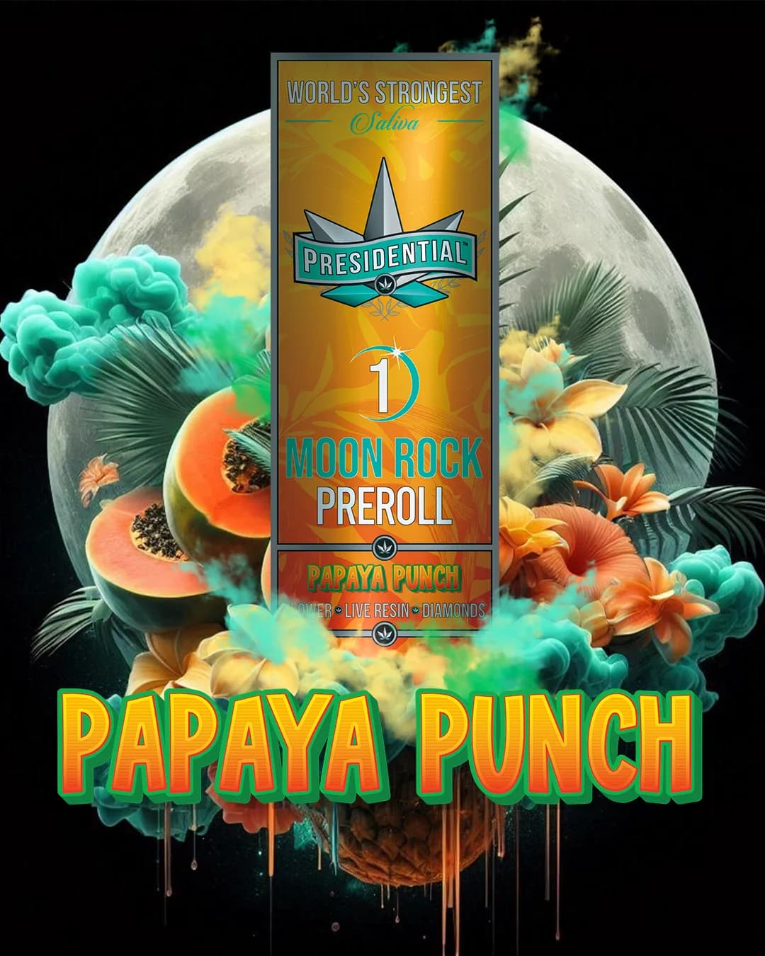 Presidential Papaya Punch Gold infused pre-roll package in tropical art