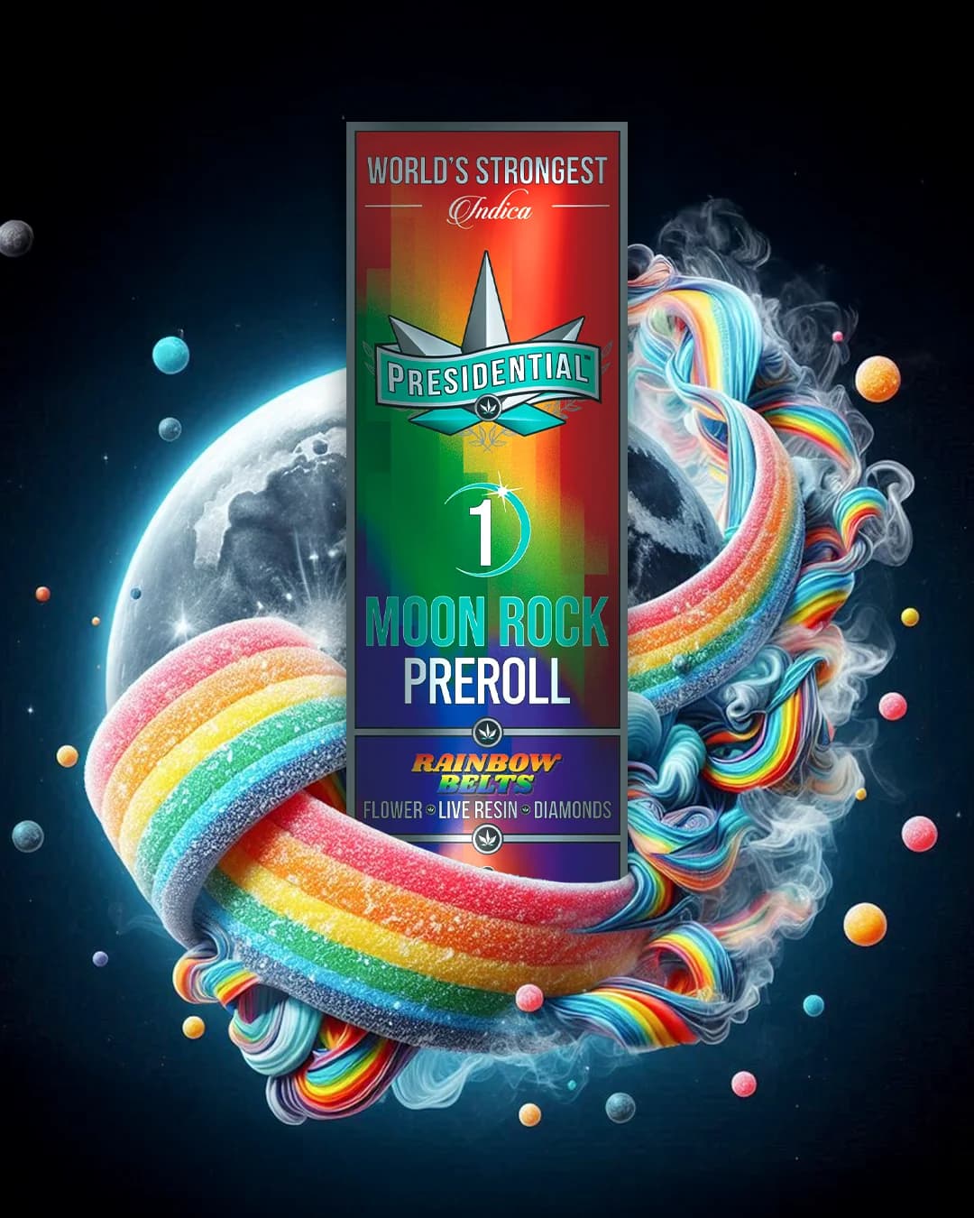 Presidential Rainbow Belts Gold infused pre-roll package in color