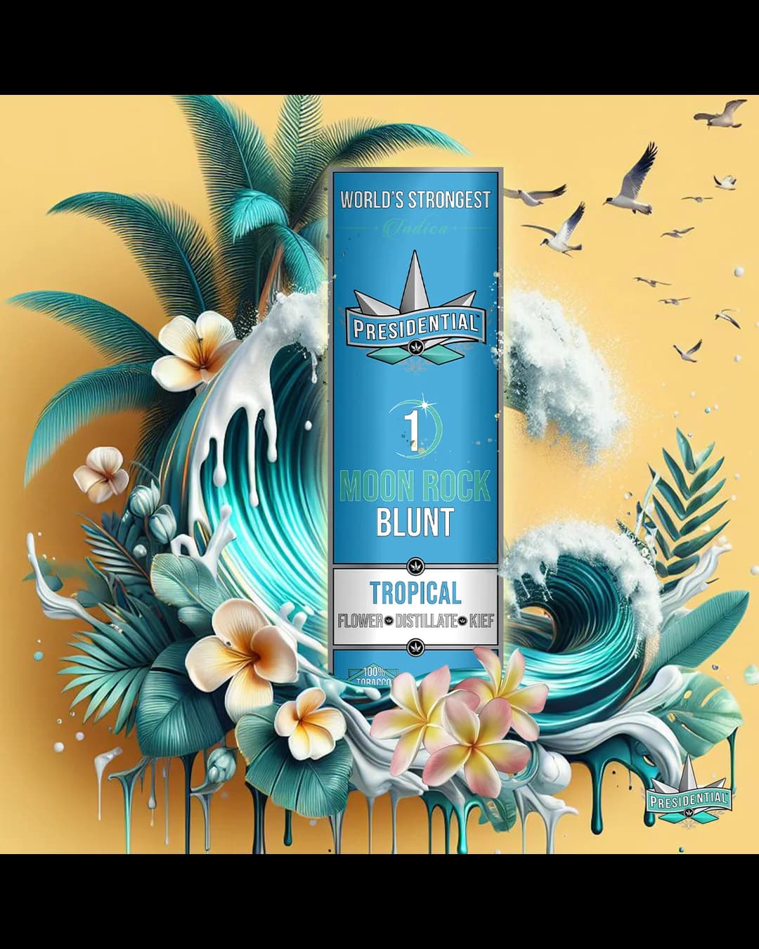 Presidential Tropical Silver blunt package with vibrant island graphics