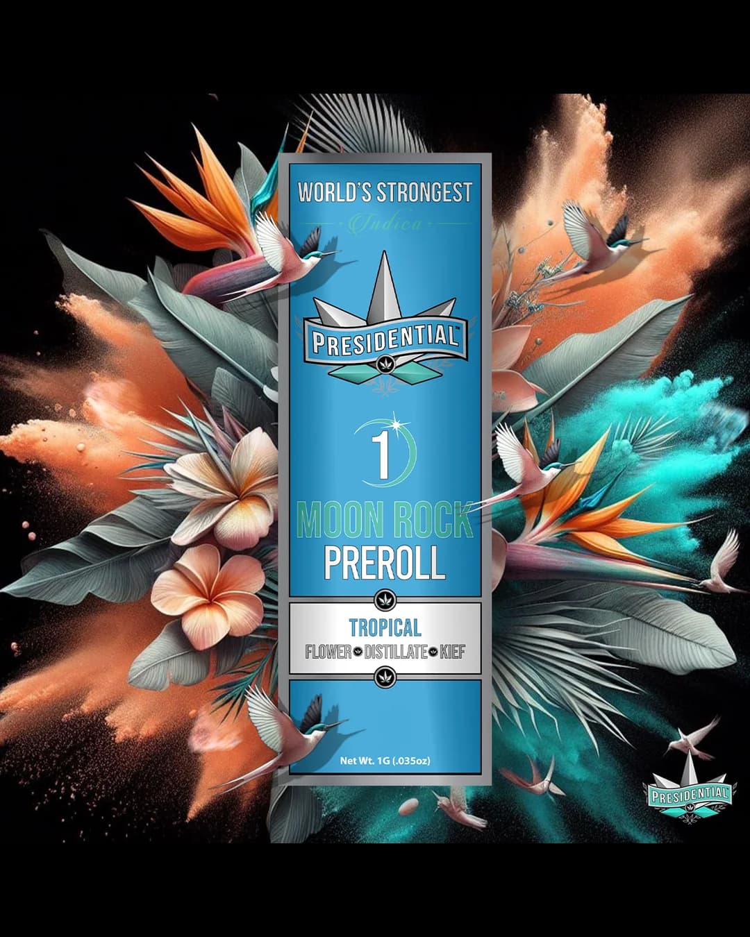 Presidential Tropical Silver infused pre-roll package with island colors